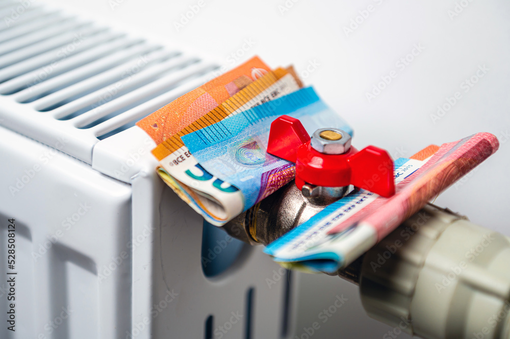 euro banknotes in a central heating radiator, the concept of expensive heating costs, closeup