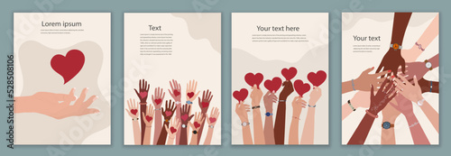 Fotografiet Leaflet - cover with group of volunteer diversity people - editable poster template