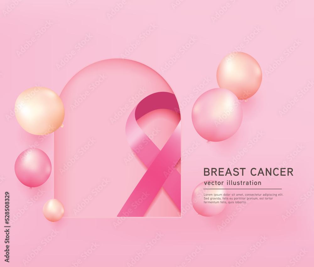 3d glossy pink ribbon with balloons in the breast cancer awareness month background. 3d illustration vector symbol.