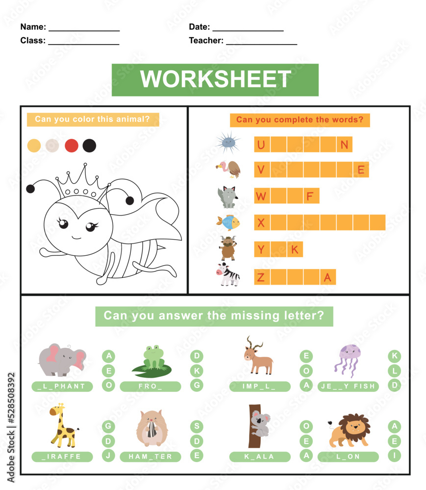 Children worksheet with animal theme. Educational activity sheet for preschool kids. Coloring and write animal names. Vector illustration.