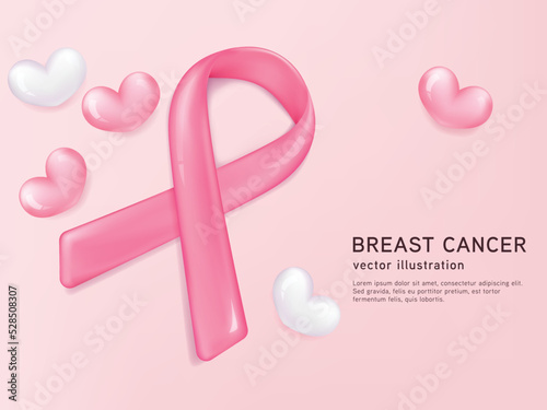 3d glossy pink ribbon in the breast cancer awareness month background. 3d illustration vector symbol.