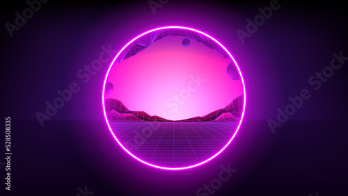 Vector illustration of fantastic portal in metaverse. Round teleport or magic portal leading in virtual digital reality. Simulation of network futuristic world. 3d vector illustration with metaverse.