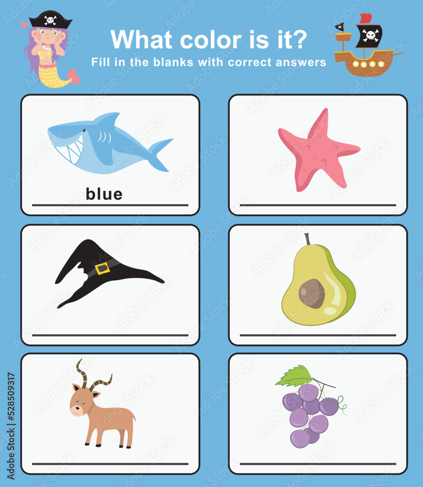 What color is this worksheet with pirate theme. Educational worksheet for preschool. Vector illustration.