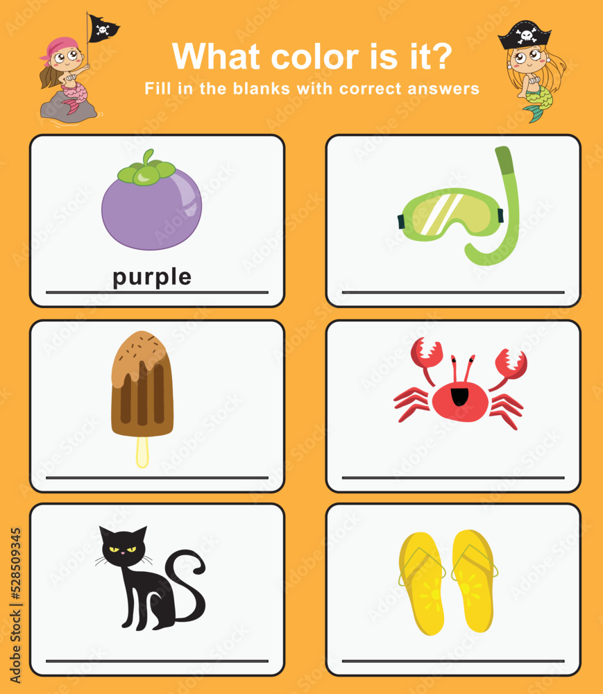 What color is this worksheet with pirate theme. Educational worksheet for preschool. Vector illustration.