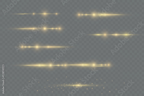 Horizontal light rays, glow yellow line on transparent background, flash yellow horizontal lens flares pack, laser beams, beautiful light flare, bright gold glare, vector illustration, eps 10.