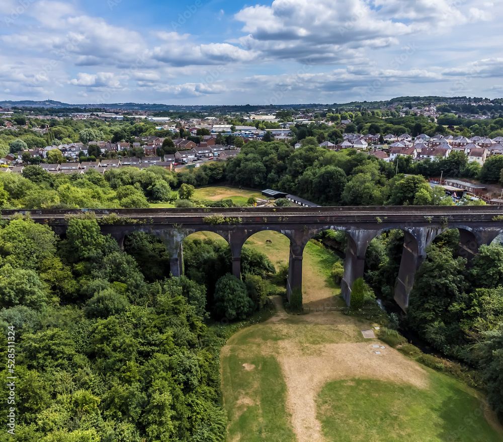 An aerial view looking over the Stambermill Viaduct in Stourbridge, UK in summertime
