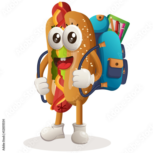 Cute hotdog mascot carrying a schoolbag, backpack, back to school. Perfect for food store, small business or e-Commerce, merchandise and sticker, banner promotion, food review blog or vlog channel