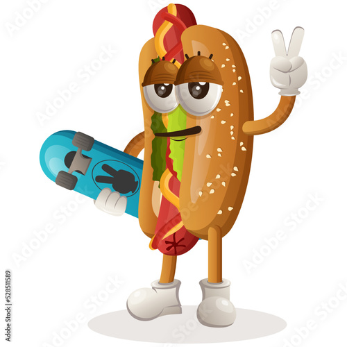 Cute hotdog mascot carrying a skateboard. Perfect for food store, small business or e-Commerce, merchandise and sticker, banner promotion, food review blog or vlog channel