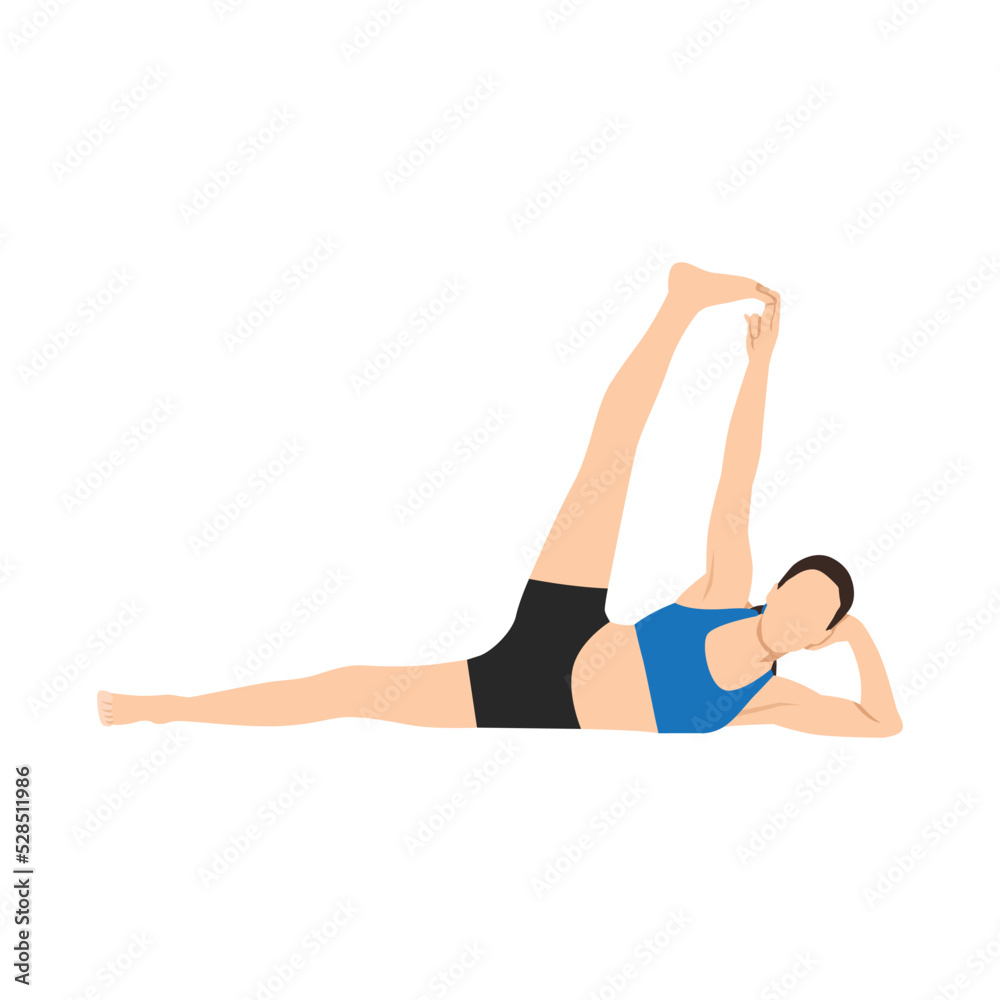 Woman doing Side Reclining Leg Lift Pose, Vishnu Pose, Eternal One Pose. Practice Anantasana. Flat vector illustration isolated on white background Woman doing Side Reclining Leg Lift Pose, Vishnu Pose, Eternal One Pose. Practice Anantasana. Flat vector illustration isolated on white background
