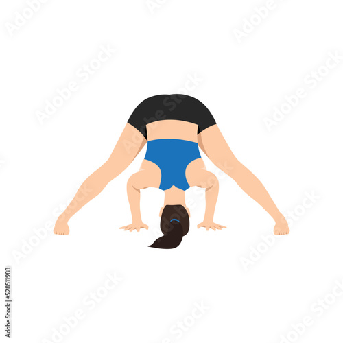 Woman doing wide legged forward bend pose prasarita padottanasana exercise. Flat vector illustration isolated on white background