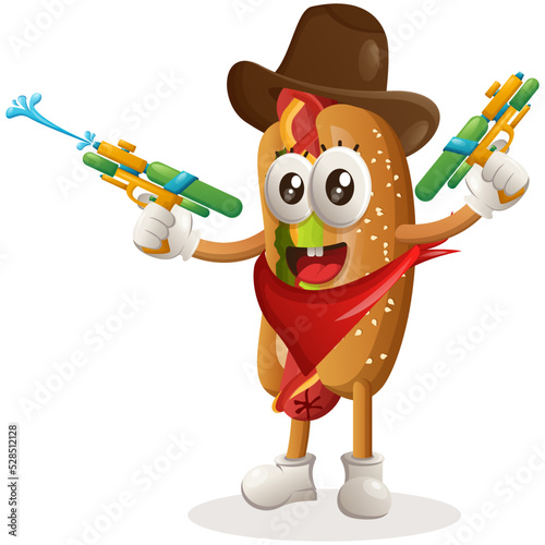 Cute hotdog mascot playing with water gun toy. Perfect for food store, small business or e-Commerce, merchandise and sticker, banner promotion, food review blog or vlog channel