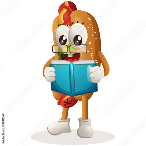 Cute hotdog mascot reading a book. Perfect for food store, small business or e-Commerce, merchandise and sticker, banner promotion, food review blog or vlog channel