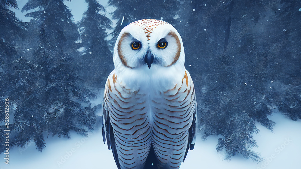 Snowy owl. Color, graphic portrait of an owl on a forest background ...