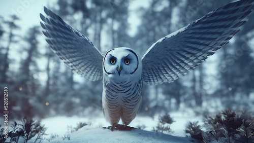 Snowy Owl Wings Spread on a forest background. Digital illustration photo