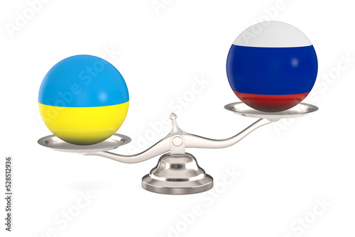 Two balls with flag Russia, Ukraine and scale on white background. Isolated 3...