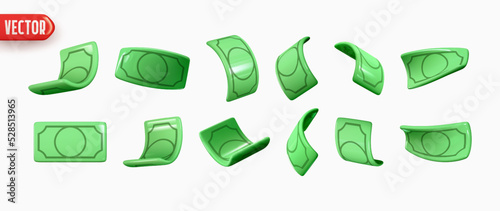 Set of paper money. Collection of dollar bills. Realistic 3d cartoon style design. Business elements. Vector illustration