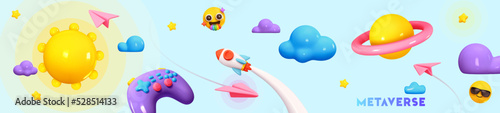 Futuristic Background cosmic space creative design. Abstract horizontal banner concept game metaverse. Realistic 3d cartoon style planets, space game gamepad, rocket flying in sky. Vector illustration