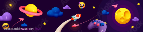 Futuristic Background cosmic space creative design. Abstract horizontal banner concept game metaverse. Realistic 3d cartoon style planets, space game gamepad, rocket flying in sky. vector illustration