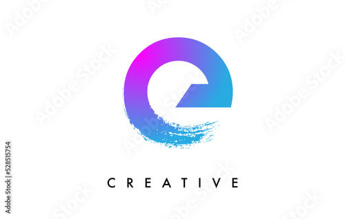 Purple Blue Letter E Logo Icon Design with Rounded Shape and Artistic Brush Stroke Ending and Green Blue Electric Color Vector