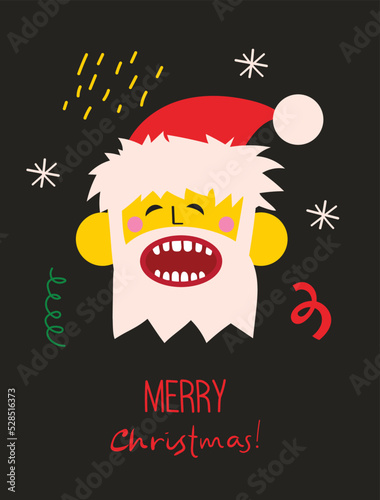 Merry Christmas and Happy New Year 2023. Vector trendy abstract illustrations of holiday card with crazy santa claus and geometric shapes for poster.