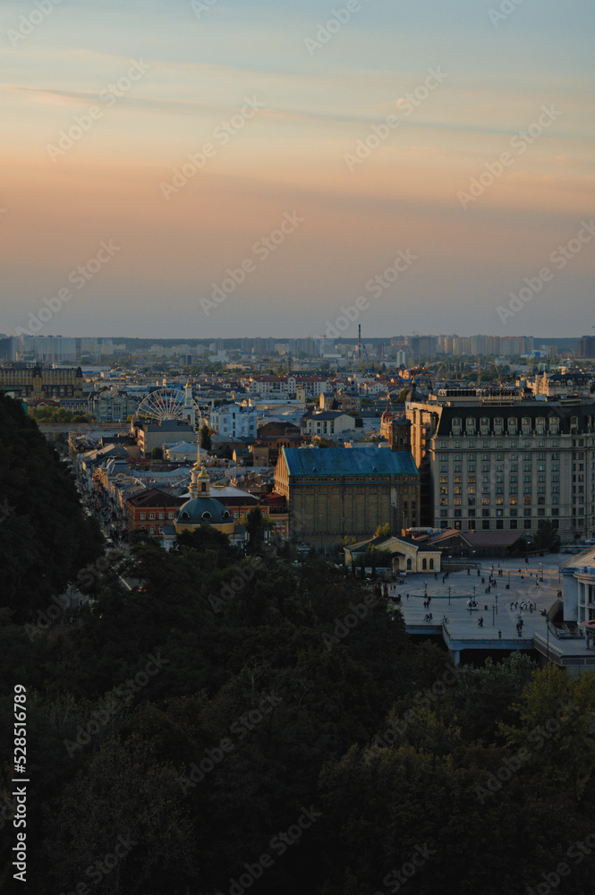 Kyiv, Ukraine-September 04, 2022:Aerial landscape view of Kyiv. Poshtova Square (Postal Square) is one of the oldest historic squares of the city. Famous touristic place and travel destination in Kyiv