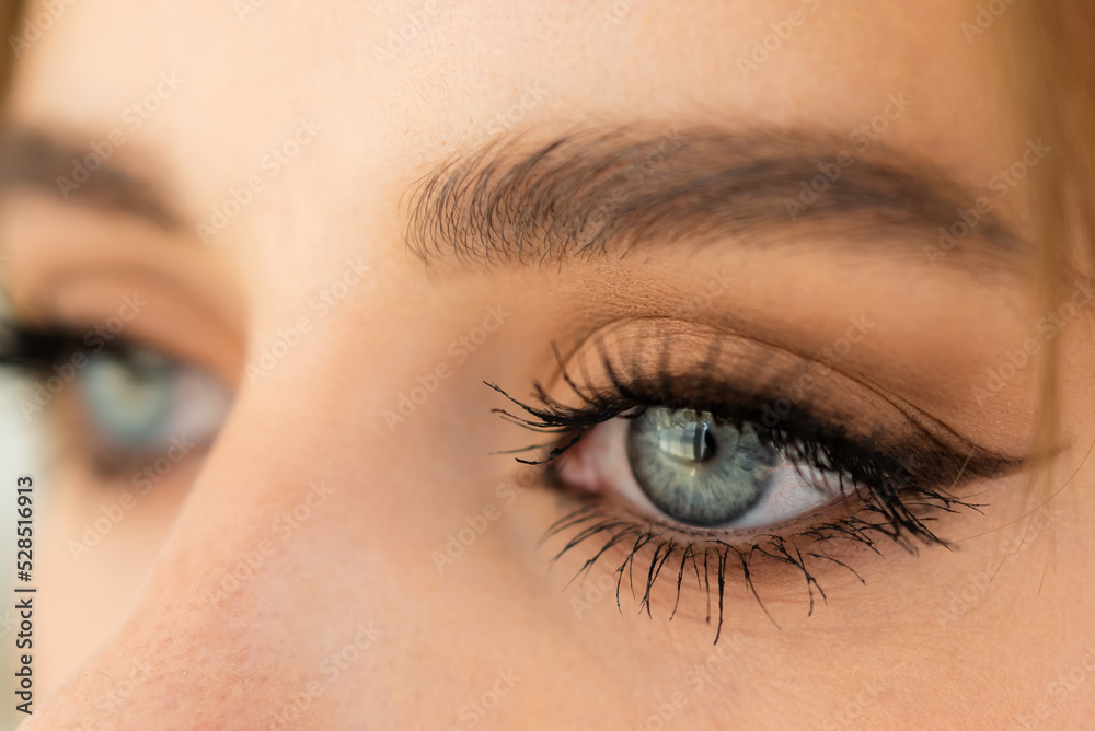 Eyebrows of girl after plucking and haircut close-up. The makeup artist will do permanent eyebrow makeup. Makeup and cosmetology concept