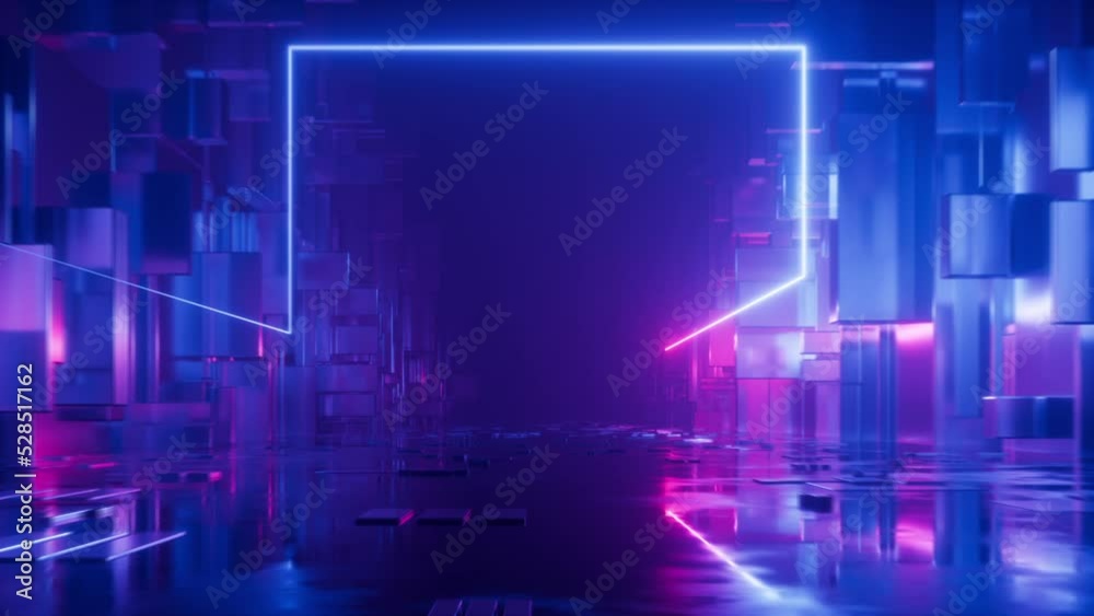looping 3d animation, abstract ultraviolet background with geometric shapes and moving glowing neon line, flight forward