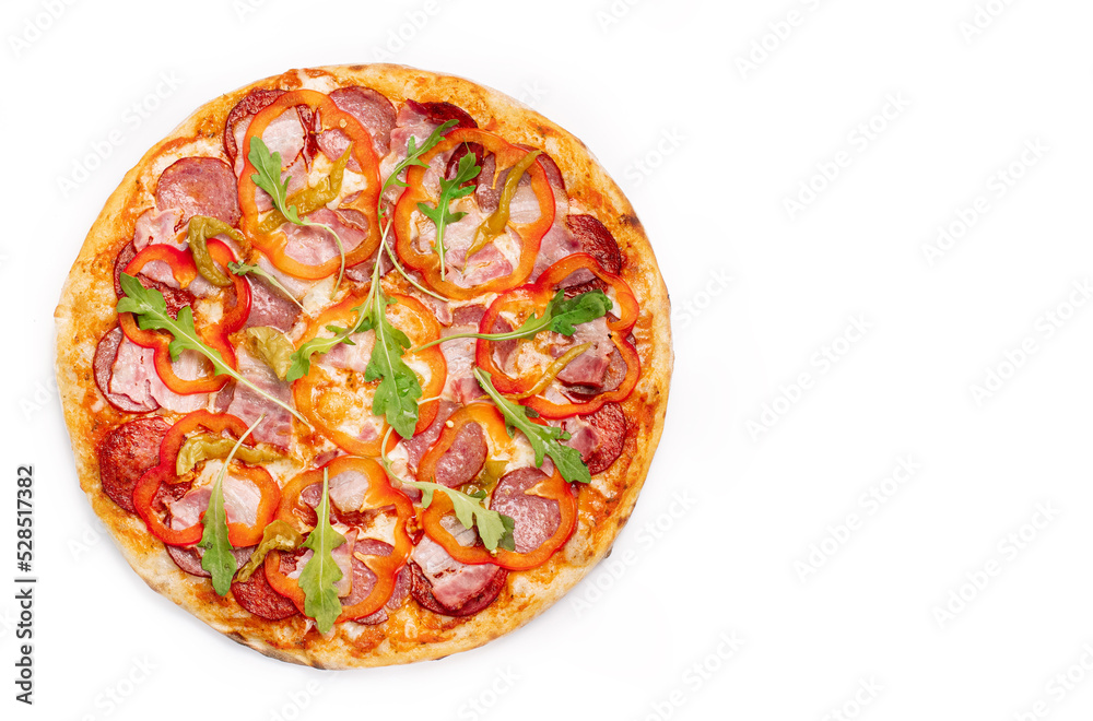 Fresh pizza with sweet red and pickled pepper, ham, salami and cheese isolated on white background. Copyspace. Top view Fresh pizza with sweet red and pickled pepper, ham, salami and cheese isolated on white background. Copyspace. Top view