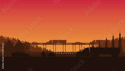 silhouette of truck, and car transport on orange gradient background