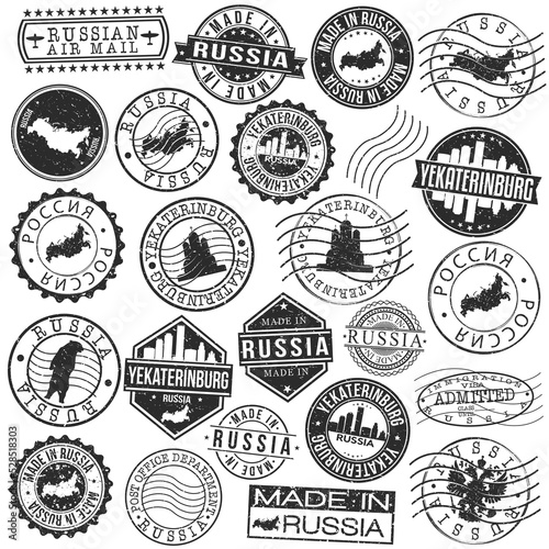 Yekaterinburg, Sverdlovsk Oblast, Russia Set of Stamp. Vector Art Postal Passport Travel Design. Travel and Business Seals.