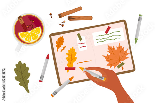 Autumn coziness, hot drink cup with lemon, Diary with dry oak and maple leaves and inscriptions. Human hand holding pencil and writing. Creative person. Colored flat Vector illustration isolated