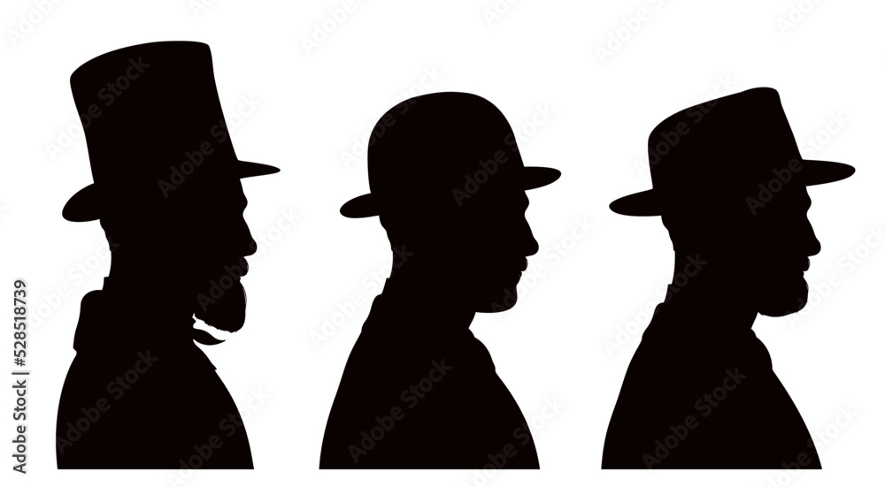 Profile silhouettes of handsome young men wearing three different