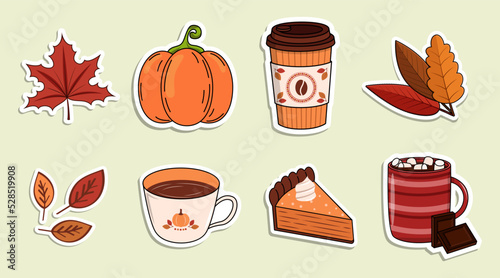 Autumn vector stickers collection. Hot coffee and tea, pumpkin pie and chocolate. Colorful food and leaves set