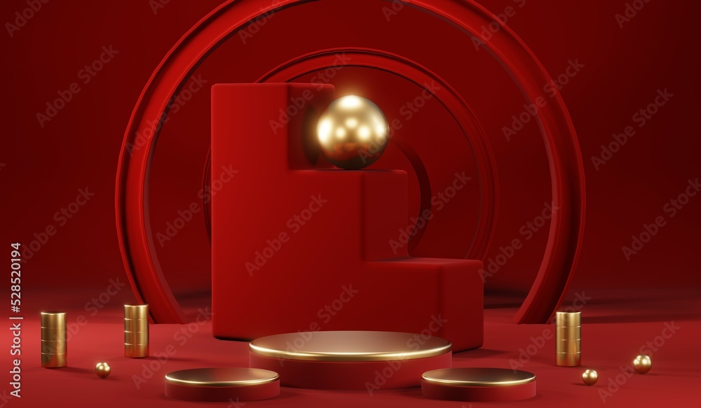 3D rendering of blank product background for cream cosmetics Modern red podium background