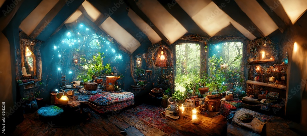 Fototapeta premium Spectacular picture of interior of a fantasy medieval cottage, full with plants furniture and enchanted light. Digital art 3D illustration.