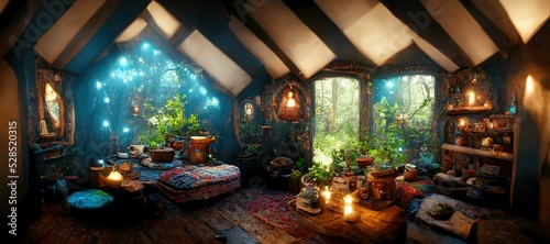 Fotografia Spectacular picture of interior of a fantasy medieval cottage, full with plants furniture and enchanted light