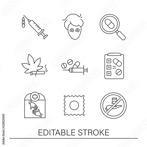  Against drug line icons set. Injections, smoking weed and cigarettes. Drug test. Bad habits concepts. Isolated vector illustrations. Editable stroke