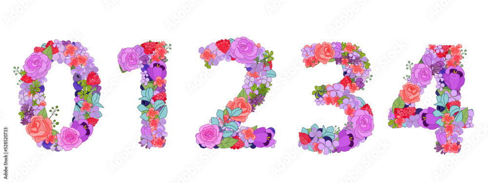colorful flowers arrangement in number shape 0, 1, 2, 3, 4. set colorful flowers arrangement in number shape 0, 1, 2, 3, 4. set