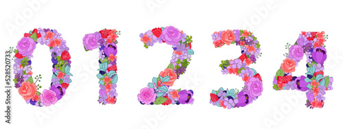 colorful flowers arrangement in number shape 0, 1, 2, 3, 4. set