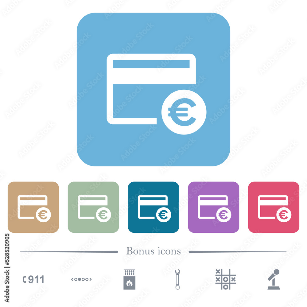 Euro credit card flat icons on color rounded square backgrounds Euro credit card flat icons on color rounded square backgrounds