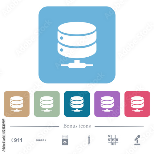 Network database flat icons on color rounded square backgrounds