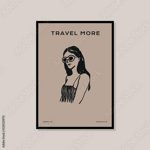 Woman silhouette minimal bohemian travel illustration poster design for wall art gallery 