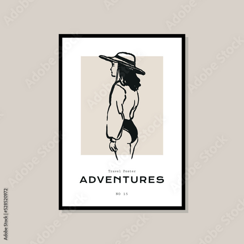 Woman silhouette minimal bohemian travel illustration poster design for wall art gallery 