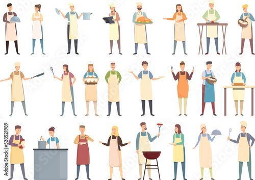 Couples cook icons set cartoon vector. Apron chef. Woman smile