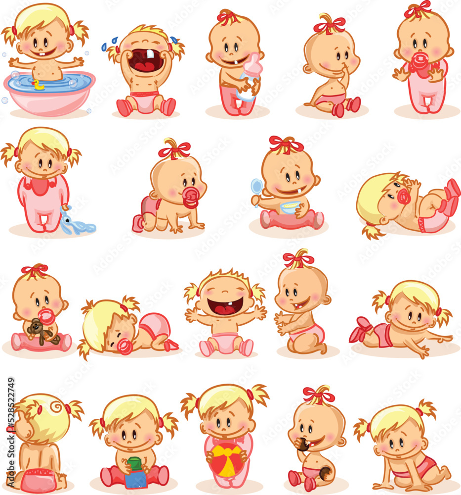 Vector illustration set of cute baby girls in the cartoon style Vector illustration set of cute baby girls in the cartoon style