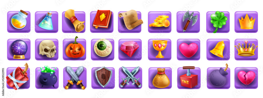 3D game icon set, slot machine cartoon element, magic UI badge kit, golden coin, witch potion, book. Reward resource object, sword shield, dynamite, tnt, warrior weapon. Fantasy game icon collection 3D game icon set, slot machine cartoon element, magic UI badge kit, golden coin, witch potion, book. Reward resource object, sword shield, dynamite, tnt, warrior weapon. Fantasy game icon collection