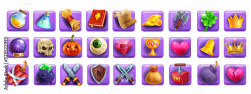 3D game icon set, slot machine cartoon element, magic UI badge kit, golden coin, witch potion, book. Reward resource object, sword shield, dynamite, tnt, warrior weapon. Fantasy game icon collection