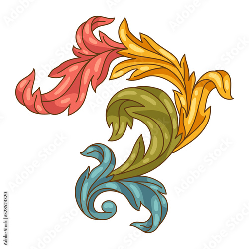Decorative floral element in baroque style. Colorful curling plant.