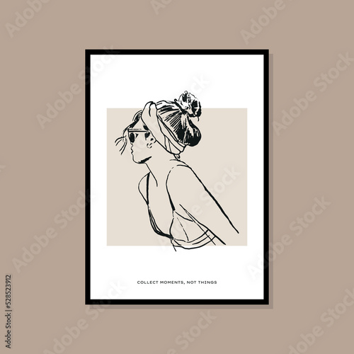 Woman silhouette minimal bohemian travel illustration poster design for wall art gallery 