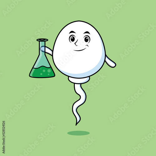 Cute cartoon mascot character sperm as scientist with chemical reaction glass in cute modern style design